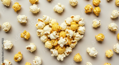 Popcorn heart shape, scattered popcorn kernels, white background, overhead view, food photography, Valentine's Day theme, golden yellow color, textured surface, minimalist composition, snack food art,