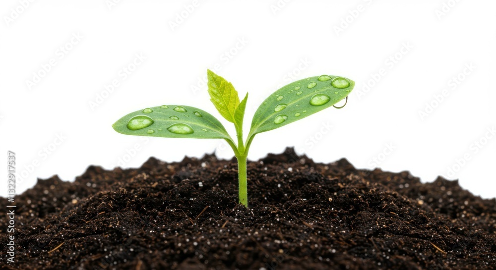 Fototapeta premium young green sprout, two leaves, emerging from dark soil, macro photography, white background, growth, beginnings, nature, gardening, close-up, high detail, soft lighting, 4K, crisp focus