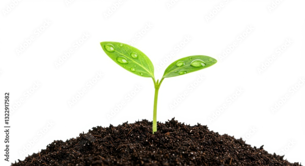 Naklejka premium young green sprout, two leaves, emerging from dark soil, macro photography, white background, growth, beginnings, nature, gardening, close-up, high detail, soft lighting, 4K, crisp focus 