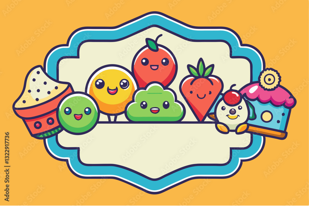 Naklejka premium Playful dessert and fruit-themed frame with cute characters and copy space for creative use
