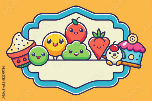 Playful dessert and fruit-themed frame with cute characters and copy space for creative use
