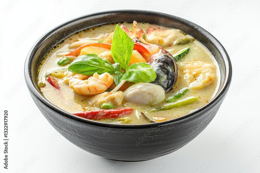 Delicious Thai green curry with coconut milk shrimp mussels and vegetables culinary masterpiece food photography Delicious Thai green curry with coconut milk shrimp mussels and vegetables culinary masterpiece food photography