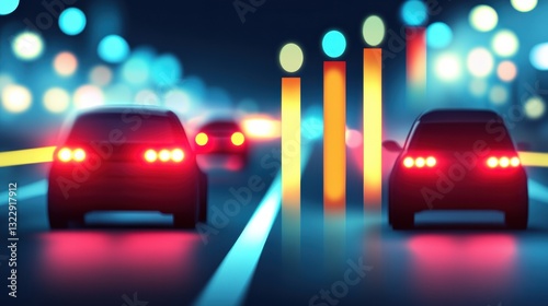 Night City Driving Scene Two Cars on a Highway with Bright Lights and Blurred Background
