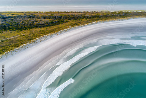 Aerial view of pristine beach, turquoise ocean waves gently curving towards the shore, meeting the golden sand dunes and lush green coastal vegetation.