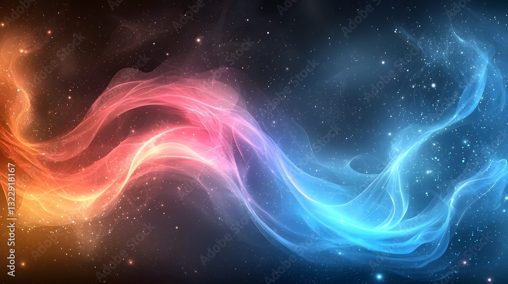 Naklejka premium Celestial Nebula Abstract Cosmic Artwork with Red and Blue Glowing Waves