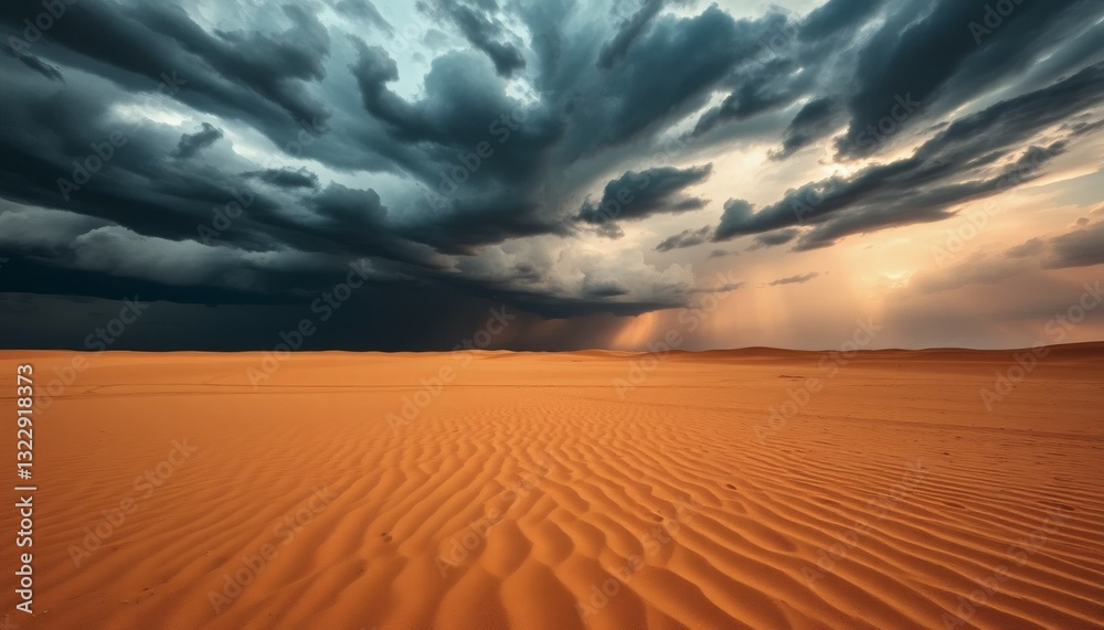 Naklejka premium Dramatic Storm Clouds Over Golden Desert Landscape with Sun Rays and Sand Dunes
