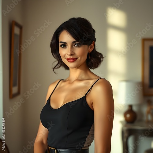 A woman smirking with a knowing look, her head tilted in a cunning way.
