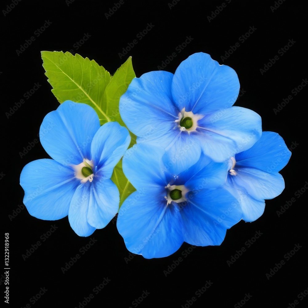 Fototapeta premium Tranquil CloseUp of Five Blue Flowers in Cluster on Black Background with Green Leaf