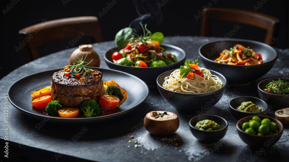Gourmet cuisine with high quality meat and a colorful assortment of vegetables presented in a clean minimalist style food stock photo inspiration for menu Gourmet cuisine with high quality meat and a colorful assortment of vegetables presented in a clean minimalist style food stock photo inspiration for menu