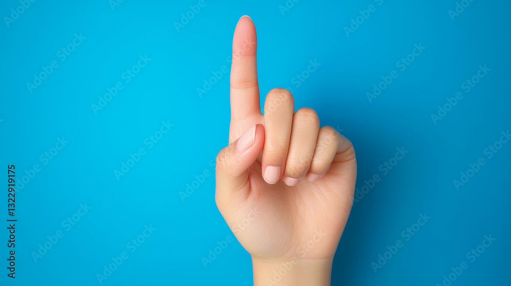 Raised index finger on blue background, symbolizing attention and learning Raised index finger on blue background, symbolizing attention and learning