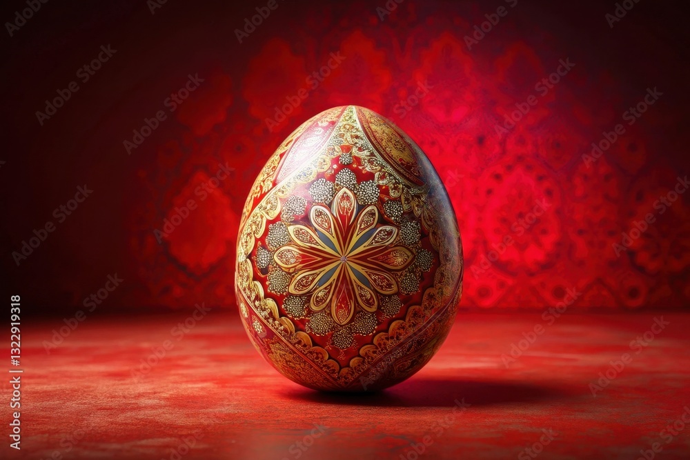 Ornate Red and Gold Decorated Egg on Red Surface