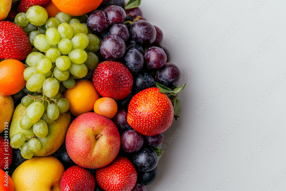 Fresh fruit assortment with grapes, strawberries, and peaches on white background Fresh fruit assortment with grapes, strawberries, and peaches on white background