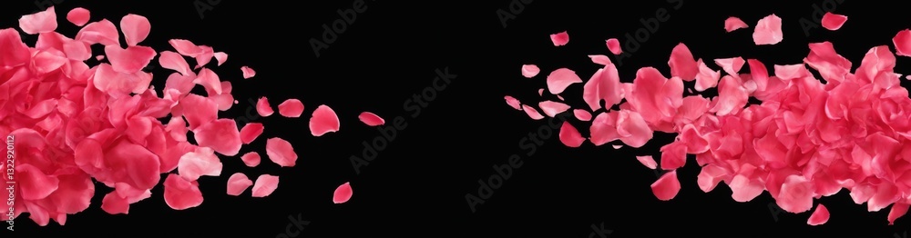 Fototapeta premium Pink rose petals cascading in various shades on black background, creating movement and energy in digital illustration.