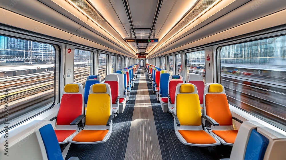 Fototapeta premium Interior View of Moving Train with Colorful Seats and Motion Blur