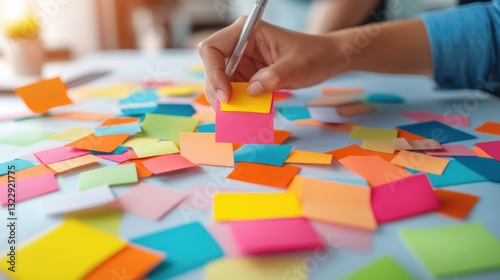 Collaborative Innovation Visualization Agile Gen Z Brainstorming with Vibrant Mixed-Color Sticky Notes - Strategic Design Thinking for Next-Generation Workplace Creativity