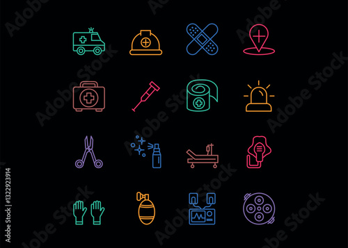 A set of icons for First aid and emergency equipment. The icons include a First Aid Kit, Ambulance, Crutch, Medical Scissors, Medical Gloves. Editable stroke. Vector illustration.