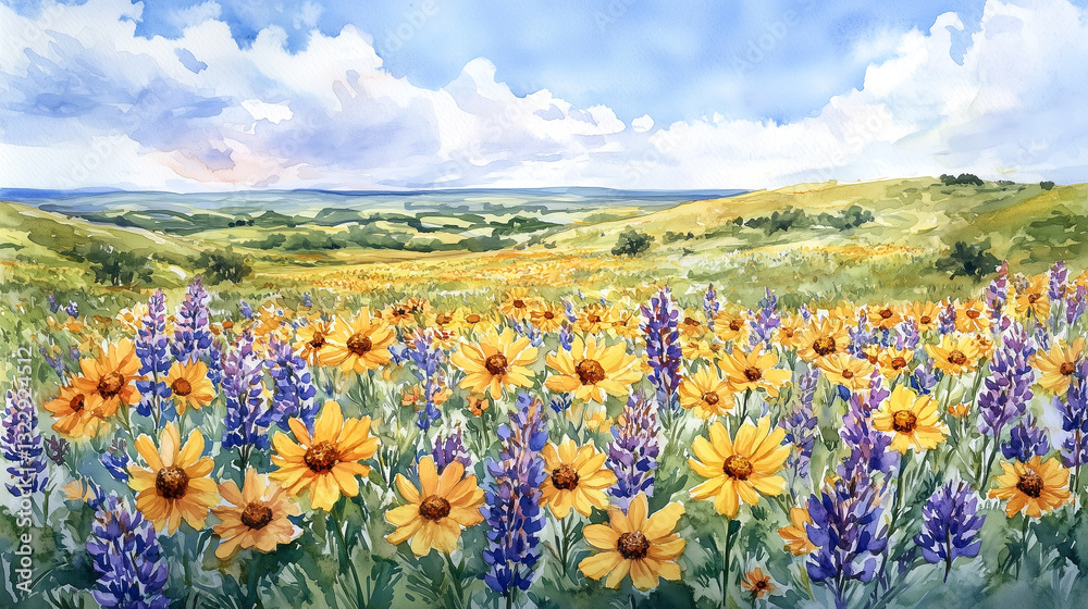 Fototapeta premium Watercolor painting of a field of yellow and purple wildflowers in Texas, with a blue sky and clouds in the background, on a white background