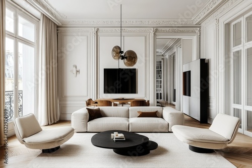 Haussmann style luxury living room, modern minimalist furniture in Parisian apartment, elegant white interior with molding and parquet floor
