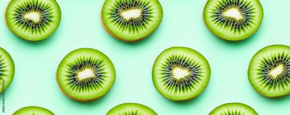 Slices of fresh kiwi fruit arranged in pattern on vibrant mint green background, showcasing fruit bright green flesh and distinctive black seeds