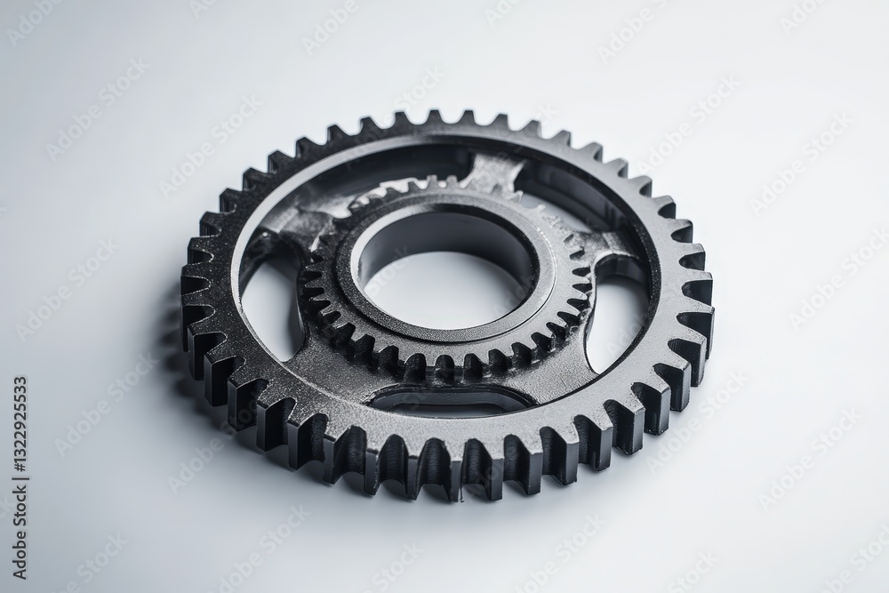 A close up of two interlocking metal gears A close up of two interlocking metal gears