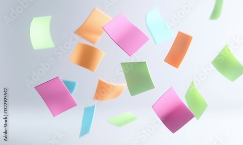 Colorful sticky notes floating in the air against a white background