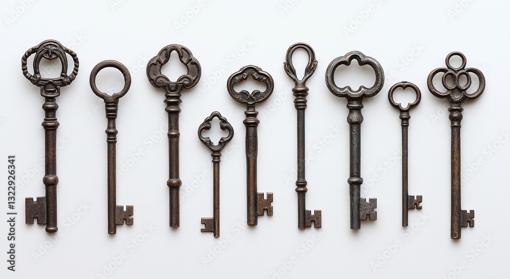 Eight antique keys arranged on white background. Eight antique keys arranged on white background.