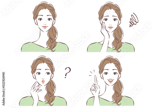 ポニーテールの女性　表情イラストセット
