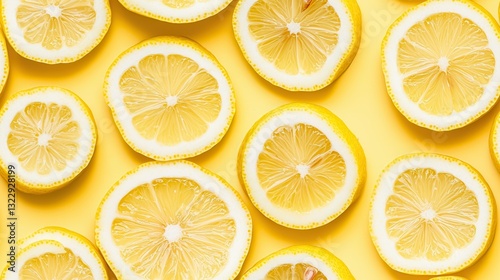 Slices of fresh lemons arranged on vibrant yellow background create bright and refreshing pattern. citrus fruits juicy texture and vivid color evoke sense of freshness and zest