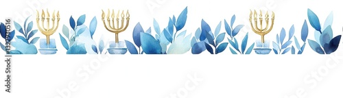 Watercolor illustration of golden menorahs with blue leaves, creating festive and serene atmosphere. design is perfect for celebrating Hanukkah with elegance and style