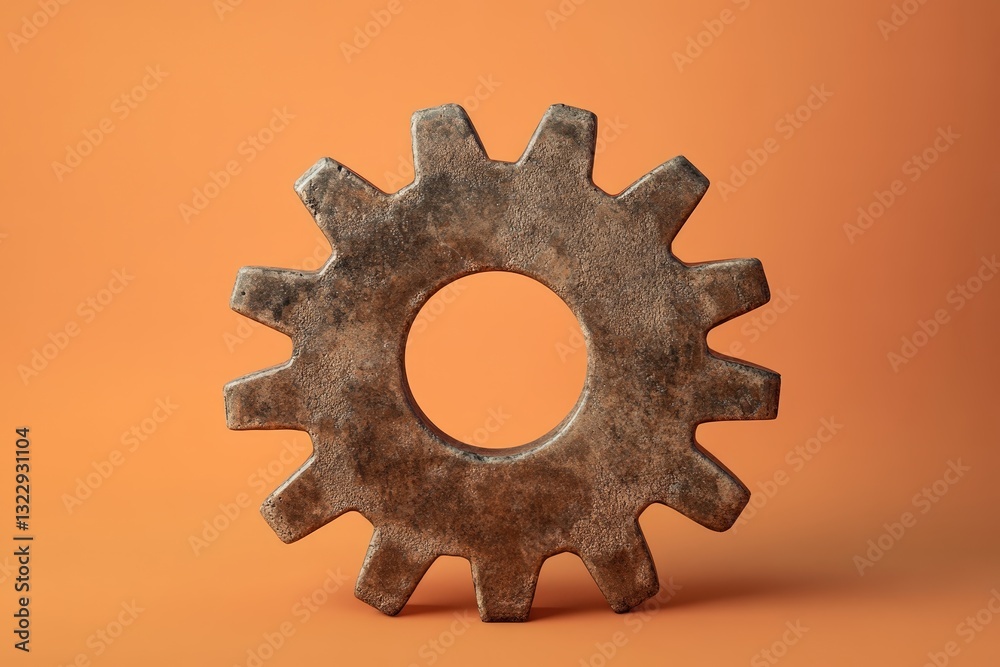 A metallic gear with a central hole against an orange background A metallic gear with a central hole against an orange background