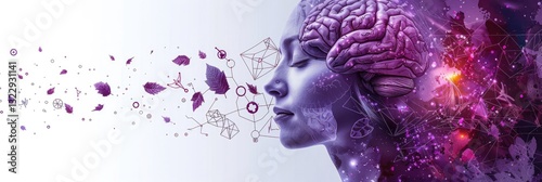 A banner for epilepsy awareness month with purple human head and brain, leaves on white background background