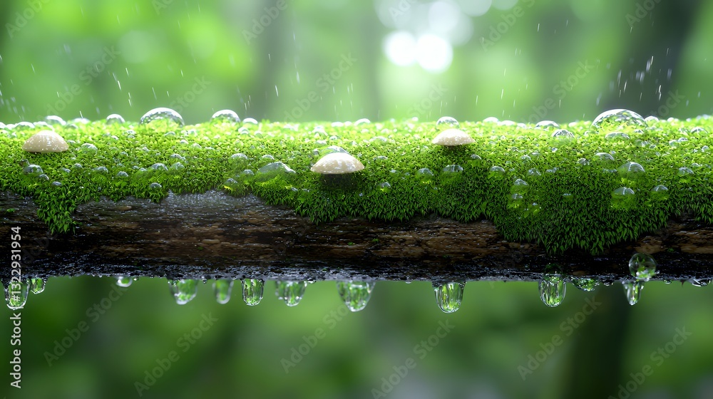 Mossy Branch with Water Droplets and Tiny Mushrooms During Rainfall Mossy Branch with Water Droplets and Tiny Mushrooms During Rainfall