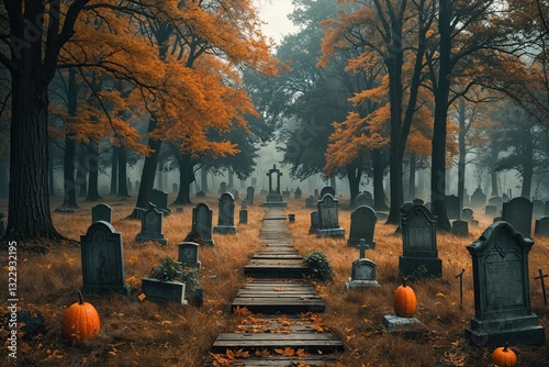 Eerie Autumn Enchantment in a Spooky Graveyard Surrounded by Dense Trees and Wooden Pathways