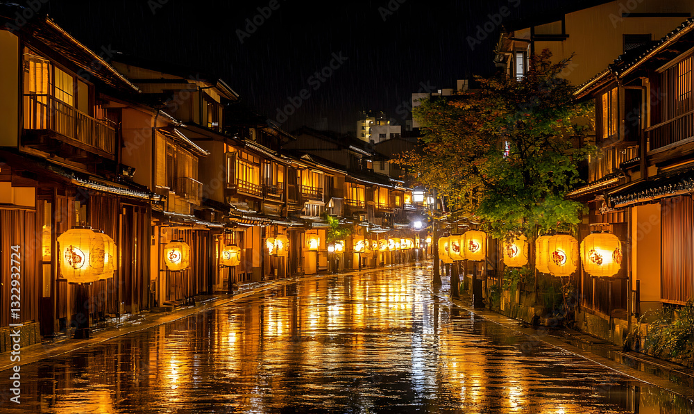 Fototapeta premium Enchanting nighttime view of a rain-soaked Japanese street, illuminated by warm lantern light reflecting on wet cobblestones.