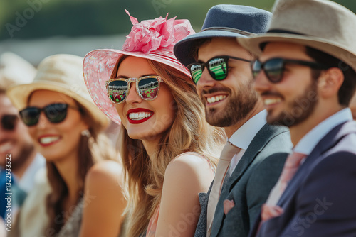 Elegant Group of Racegoers in Sunglasses and Hats at a Prestigious Event