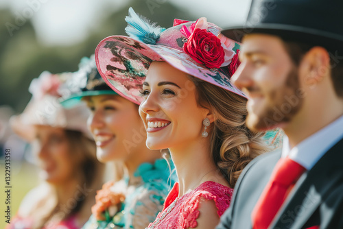Elegant Racegoers in Stylish Hats and Formal Attire at a Prestigious Horse Racing Event