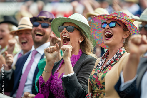 Well-dressed racegoers cheering at a horse racing event