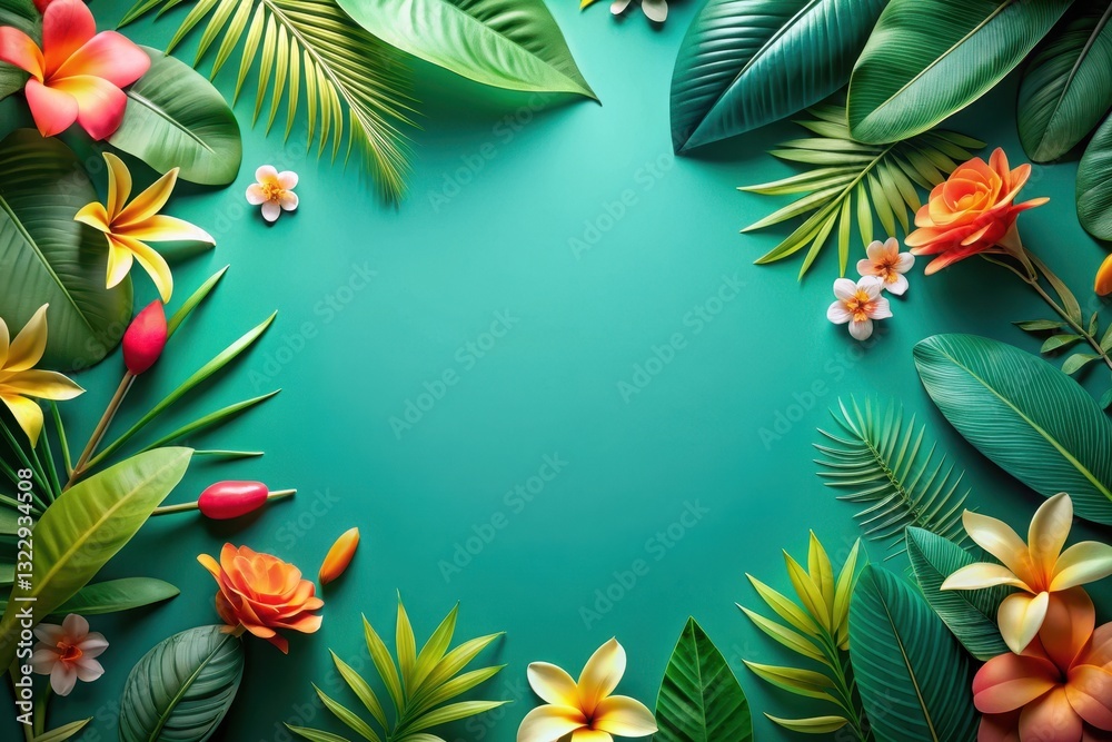 Fototapeta premium Vibrant Tropical Floral Border with Lush Green Foliage and a Teal Background, Ideal for Summer Designs and Vacation Themed Projects