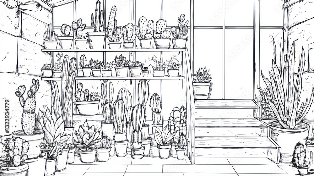 Obraz premium Greenhouse cacti succulents shelves stairs plants