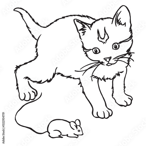 Cute Kitty and Mouse, Retro Vector Illustration