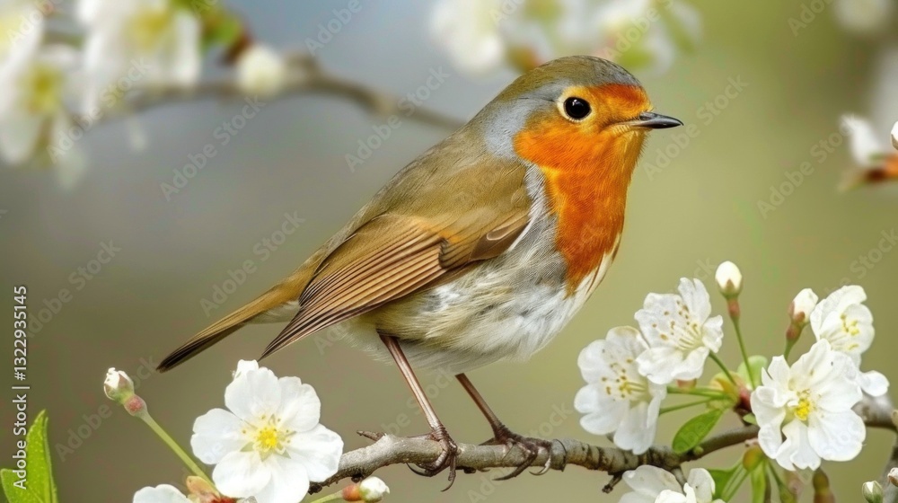 Fototapeta premium A robin bird perched on a branch during spring, surrounded by blooming flowers.