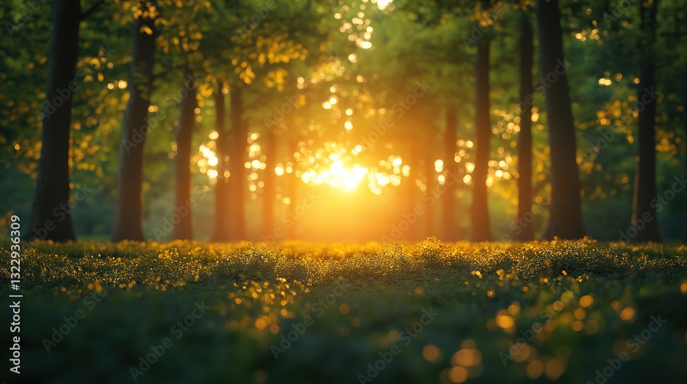 Obraz premium Tranquil Forest Glow with Soft Sunlight and Warm Tones, Perfect for Text Placement