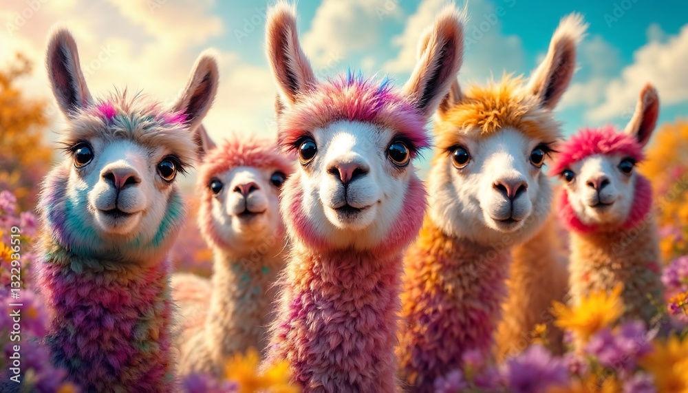 Fototapeta premium Colorful Llama Group Portrait in Flower Field Under Blue Cloudy Sky