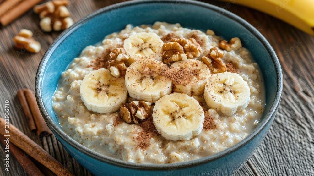 A bowl of creamy oatmeal topped with banana slices, cinnamon, and chopped walnuts. A bowl of creamy oatmeal topped with banana slices, cinnamon, and chopped walnuts.