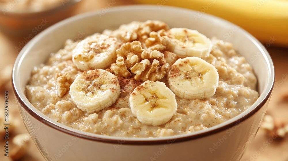 A bowl of creamy oatmeal topped with banana slices, cinnamon, and chopped walnuts. A bowl of creamy oatmeal topped with banana slices, cinnamon, and chopped walnuts.