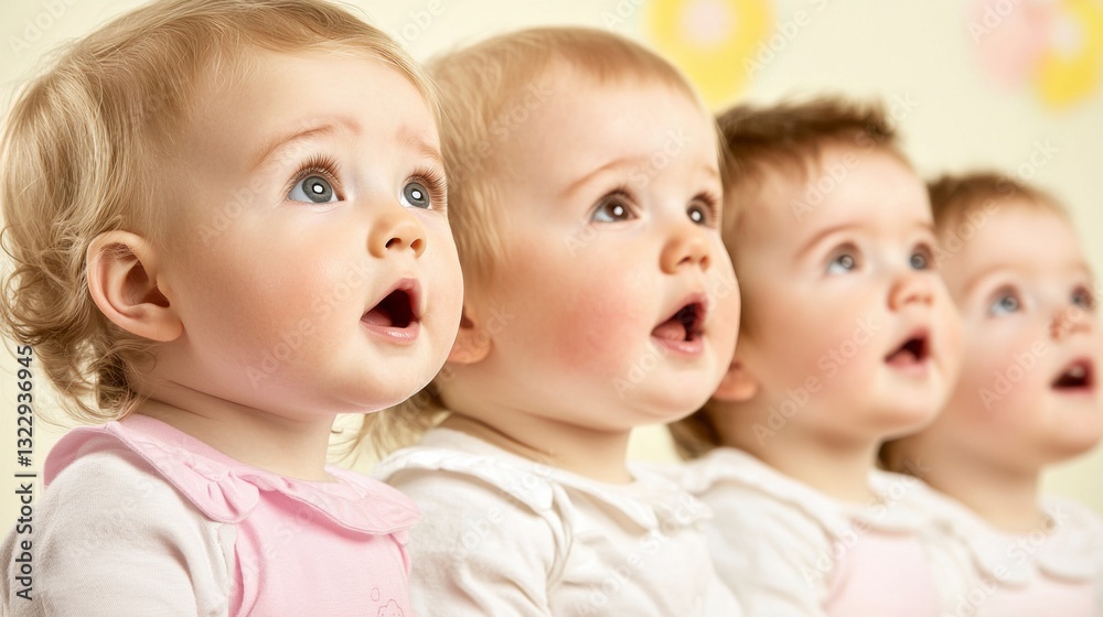 Joyful baby girl with mouth open in laughter while practicing bilingual vocabulary with games, creating a fun learning experience Joyful baby girl with mouth open in laughter while practicing bilingual vocabulary with games, creating a fun learning experience