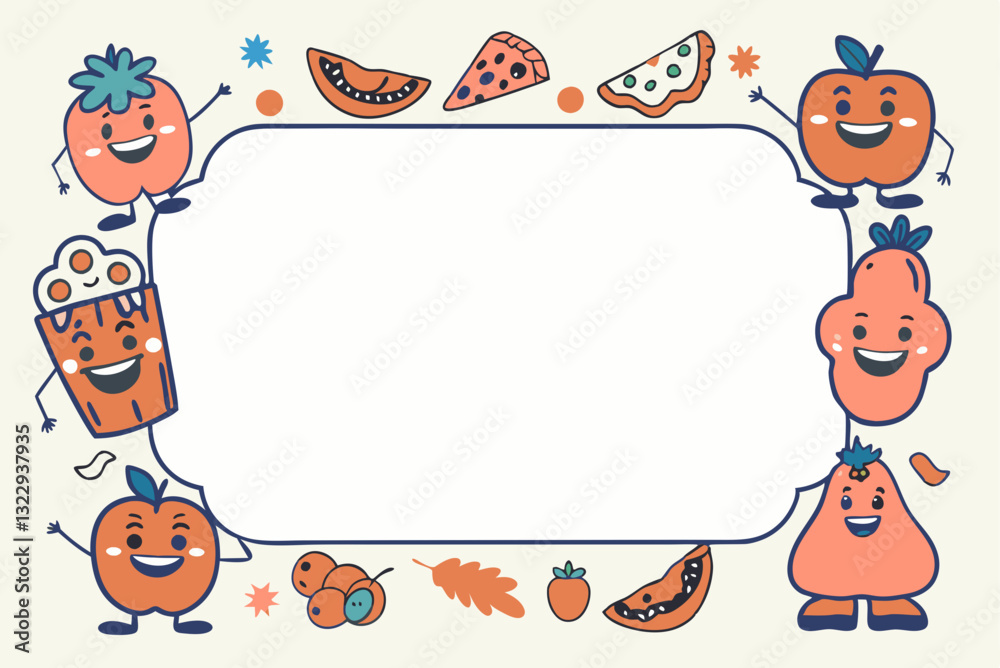 Playful food illustration featuring smiling vegetables and snacks with copy space for text. Playful food illustration featuring smiling vegetables and snacks with copy space for text.