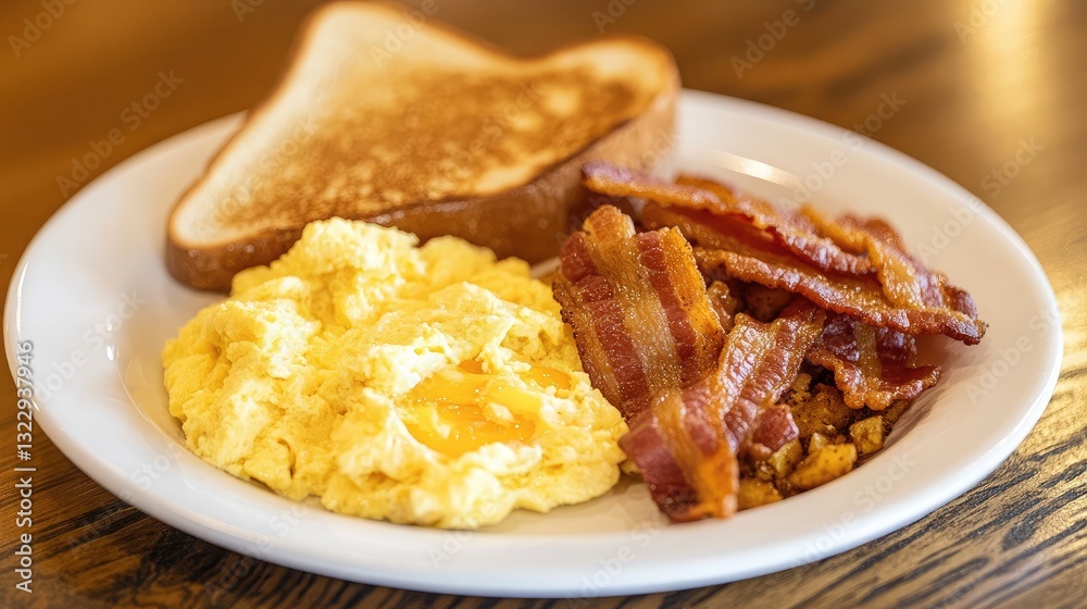 A classic American breakfast with scrambled eggs, crispy bacon, hash browns, and toast.