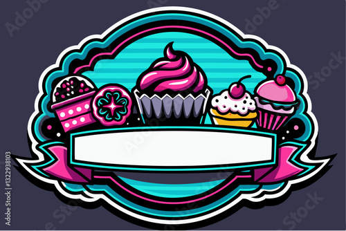 Stylish dessert-themed frame featuring colorful cupcakes and sweets with copy space for creative use