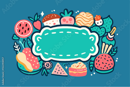 Colorful food illustration featuring various snacks and desserts with copy space for branding.